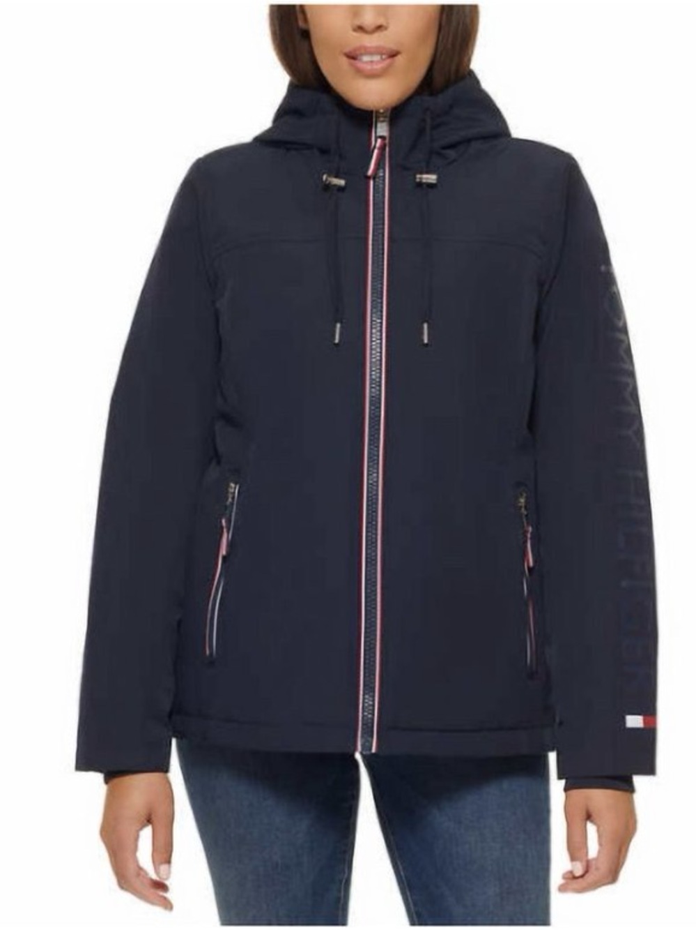 Tommy Hilfiger Navy Hooded Stadium Jacket with Stripe Trim